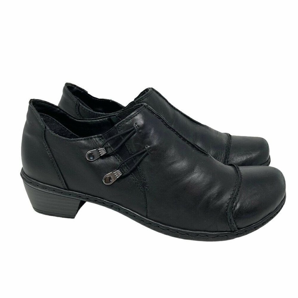 Rieker Womens Loafer Flat Shoes Black Leather Cap Toe Slip On Comfort 38 US 7
